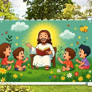Cartoon-style Bible study of Christian Jesus Design Background Banners - Ideal Birthday Item, Party Decoration, Suitable For Home, Garden, Indoor & Outdoor Decoration Courtyard Anniversary Celebration And Photo Props, Multi-Functional, 2d Flat