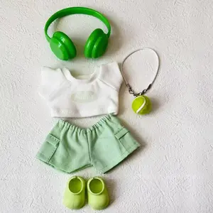 labubu clothing set with keychain, labubu accessories. Cute five-piece set including clothes, headphones, clothing set, crossbody bag, and shoes.
