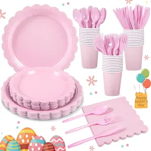 175 Pcs Pink Paper Plates and Napkins, Easter Plates Light Pink Party Supplies Include Pink Scalloped Plates Napkins Cups Plastic Spoons Forks Knives for Shower, Wedding, Birthday