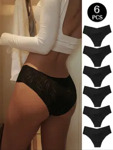 6 Pack Women's Seamless Low Rise Casual Fitted Panties - No Show Leaf Print Nylon Spandex Blend Scalloped Edge Ultra-Soft Underwear