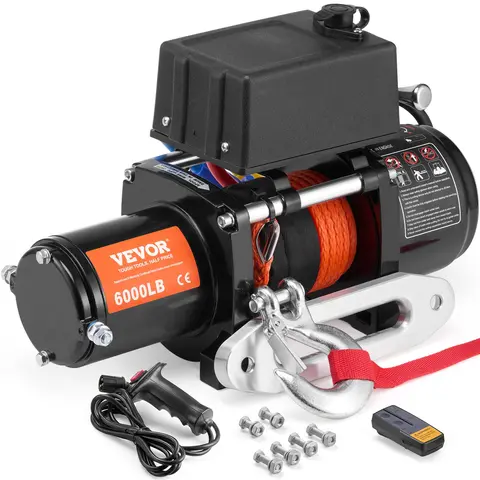VEVOR Heavy Duty 12V DC 2.5 HP Copper Motor Electric Winch, 6000 lbs Capacity Tow Rope, High-Density Power Cables, IP55 Waterproof 65.61 ft Remote Control, 195.8:1 Gear Ratio, Mud/Rain Resistant Off-Road Truck Accessory