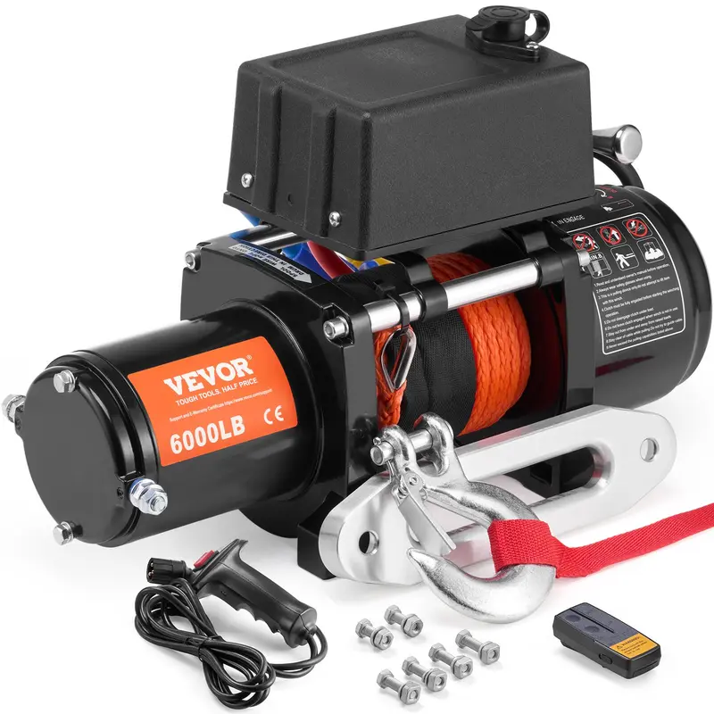 VEVOR Heavy Duty 12V DC 2.5 HP Copper Motor Electric Winch, 6000 lbs Capacity Tow Rope, High-Density Power Cables, IP55 Waterproof 65.61 ft Remote Control, 195.8:1 Gear Ratio, Mud/Rain Resistant Off-Road Truck Accessory
