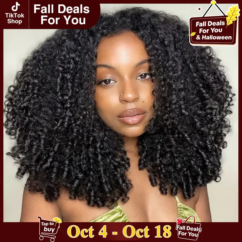 Pobokix Burmese Curly 3 IN 1 Half Wigs Human Hair Glueless Wig Human Hair Half Wig Drawstring 200% Density Burmese Curly Hair Half Wig For Women