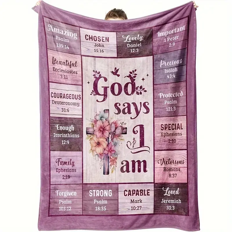 280GSM Religious Inspirational Flannel Blanket - Bible Verses, Floral Design, Decorative Text, Flower Art, Religious Print, Textile Artwork, Soft Warm All Seasons, Modern Woodland Christian Home Decor, Bedroom Gift Idea, High-Quality Fabric