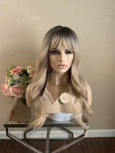 22'' ombre dark root blonde Synthetic Wig with bangs | Little Wig Museum chemo wig, cosplay costume wig Handmade wigs Glueless Wigs