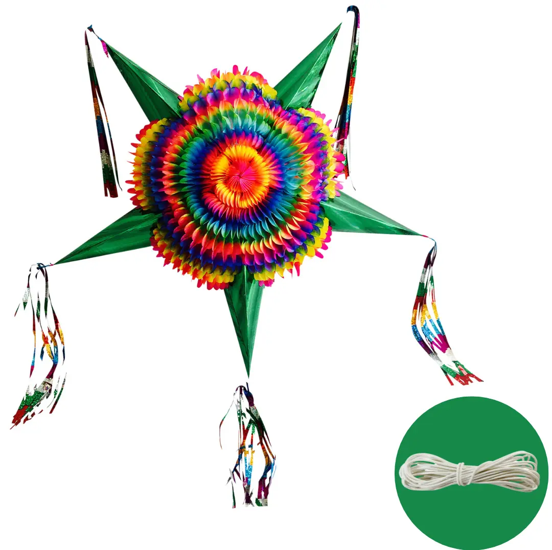 Extra Large Mexican Star Pinata with Green Cones and 30 Ft Rope - Holds 3 LBS of Pinata filler - 32" Piñata for Birthdays, Cinco de Mayo and Mexican Fiestas