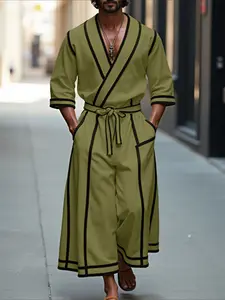 INCERUN Men's Fashion Simple Half Sleeve Shirt + Long Pants Set, Colorblock Stitching Two-Piece, Casual Home Wear, Daily, Menswear, Polyester