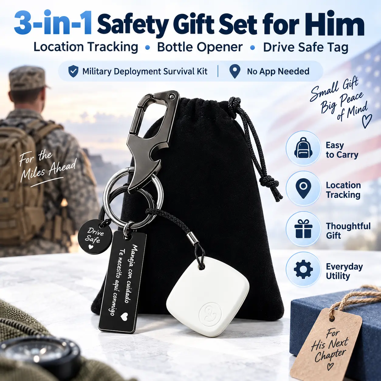 3-in-1 Safety Gift Set for Him, Location Tracking Keychain with Bottle Opener & Drive Safe Tag, No App Needed Military Deployment Survival Kit Gift for Men, Dad, Husband & Travelers