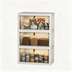 Foldable Stackable Pet Supplies Storage Bin with Wheels, Magnetic Door Collapsible Organizer Cabinet for Pet Toys, Food, Grooming Tools, Multi-Purpose Storage for Home, Bedroom, Laundry Room