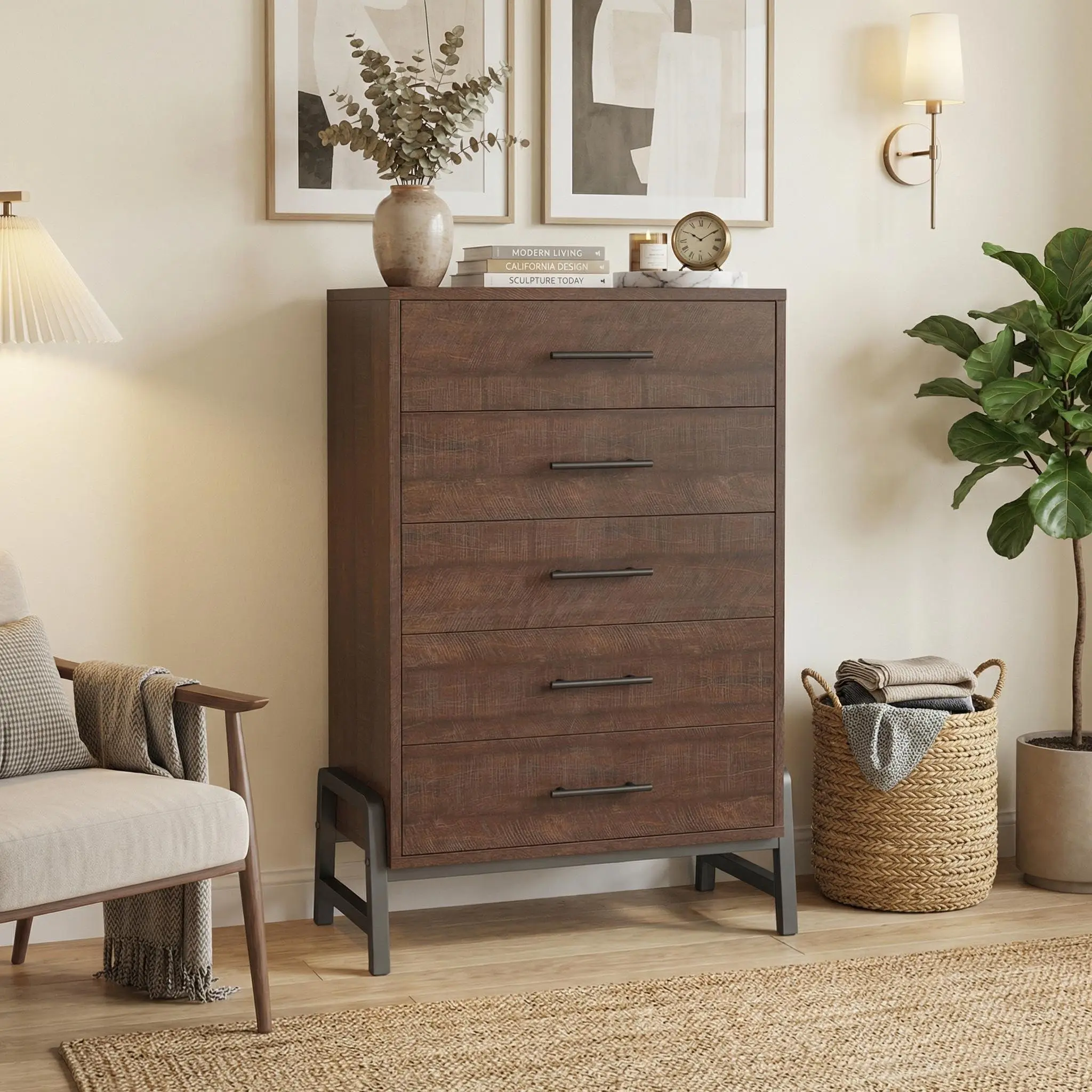 Spacious Multi-Drawer Storage Cabinet - Freestanding Tall Wooden Hallway Chest - Modern Entryway Organizer - Compact Design for Bedroom, Living Room, Office, Natural Oak