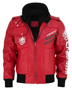 Premium Red Cyberpunk 2077 Samurai Gaming Leather Jacket Removable Hood- Best Gift Menswear Coats