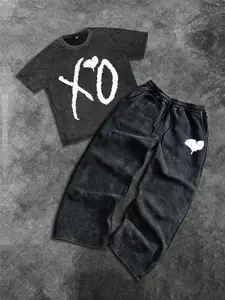 Men's Cotton Two-Piece Set, Fashion Casual Clothing, Letter Xo & Heart Pattern Print, Round Neck Short Sleeve T-Shirt, Drawstring Wide Leg Pants