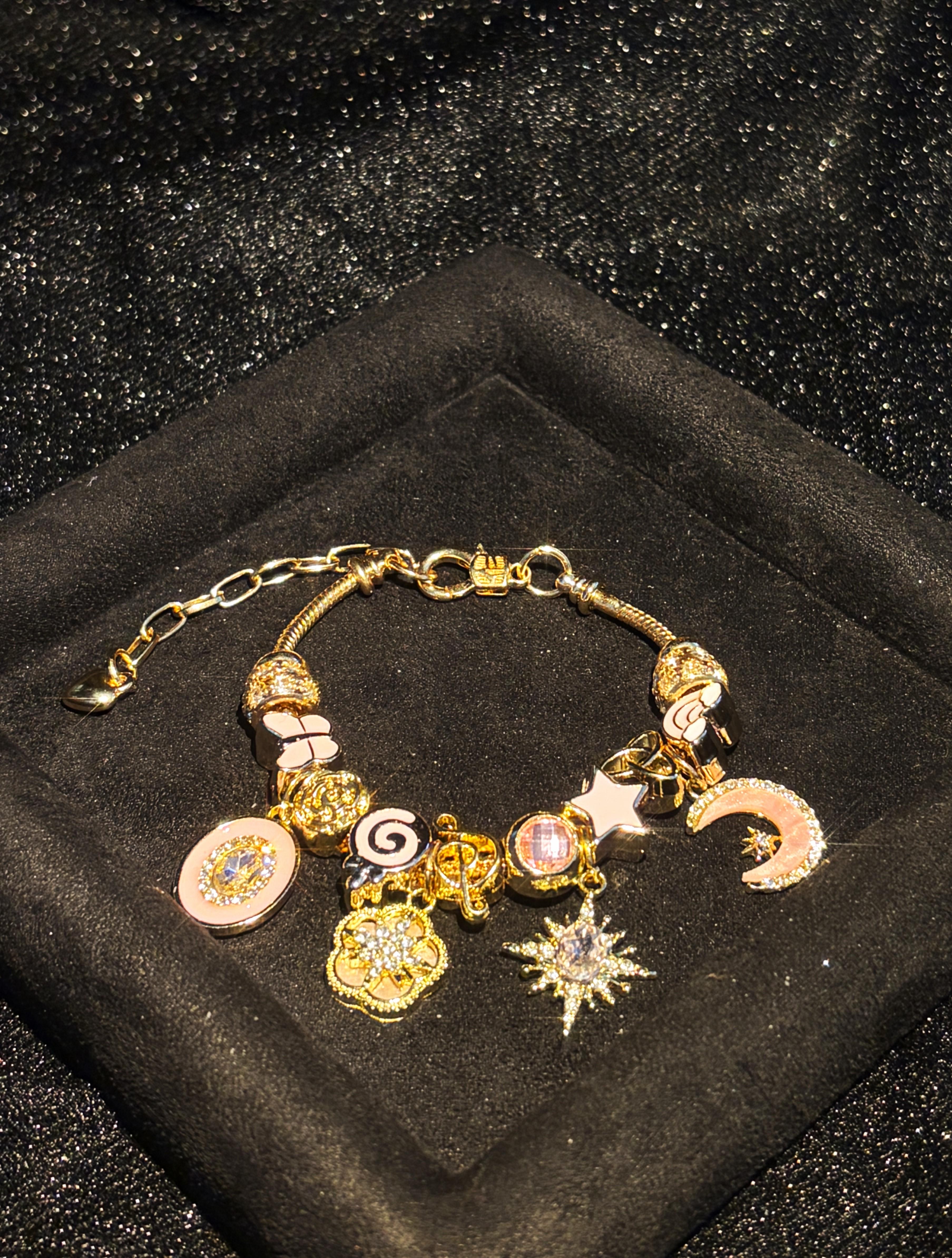 Women's Pink Gold Enamel Charm Bracelet - Gold-Tone Adjustable Snake Chain with Sun, Star-Burst, Lollipop, Music Note, Heart Dangle Charms, Rhinestone Fashion Jewelry Gift for Teen Girls Women's Pink Gold Enamel Charm Bracelet - Gold-Tone Adjustable Snake Chain with Sun, Star-Burst, Lollipop, Music Note, Heart Dangle Charms, Rhinestone Fashion Jewelry Gift for Teen Girls