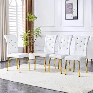 Dining Chairs Set of 4, Retro Faux Crocodile Leather, Fashionable Crystal Buckle, Living Room Chairs, Upholstered Chairs With Bow-Shaped Metal Legs, Suitable for Kitchen（White+ Gold leg Set of 4)