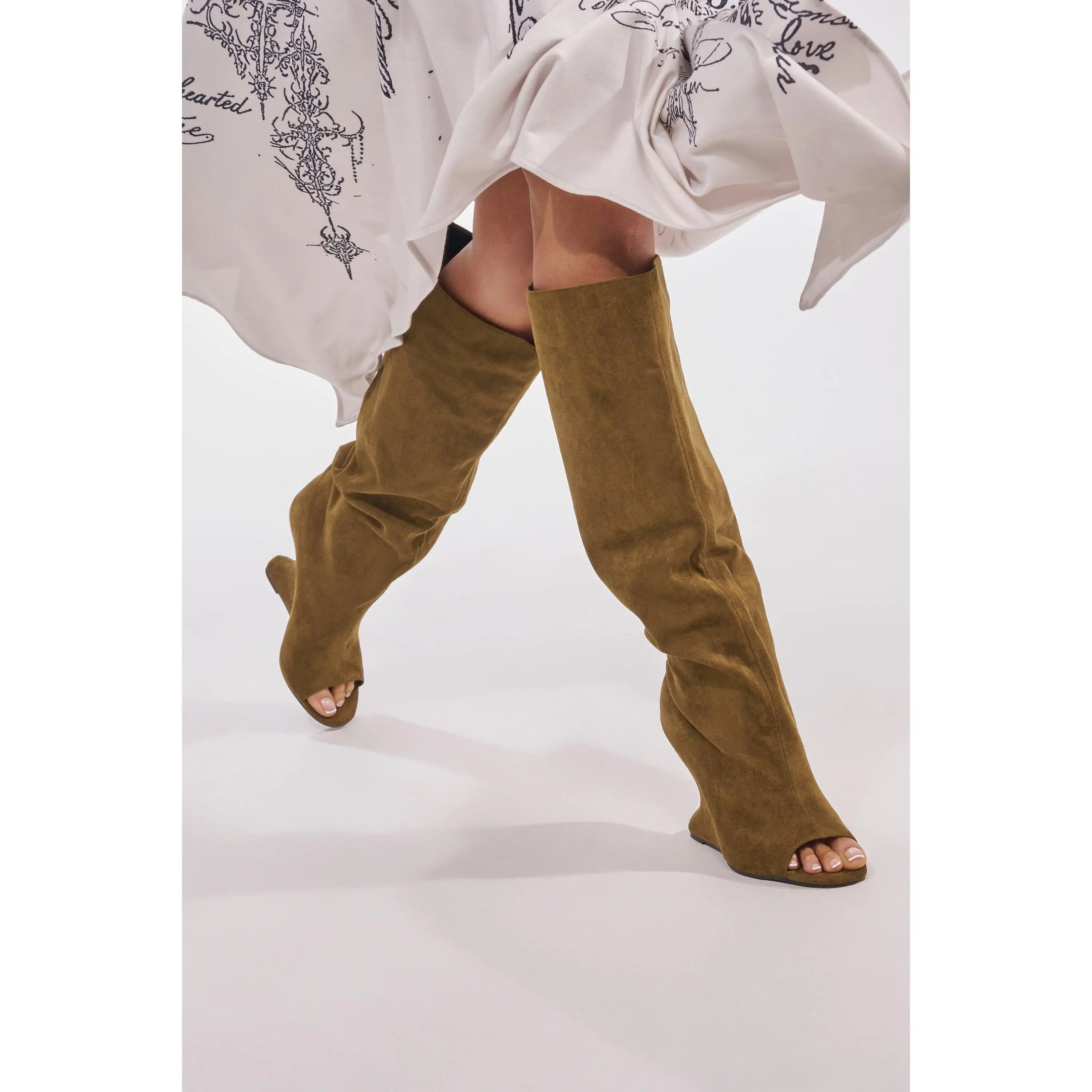 AZALEA WANG VINCENT OLIVE FAUX SUDED OPEN TOE WEDGE BOOT