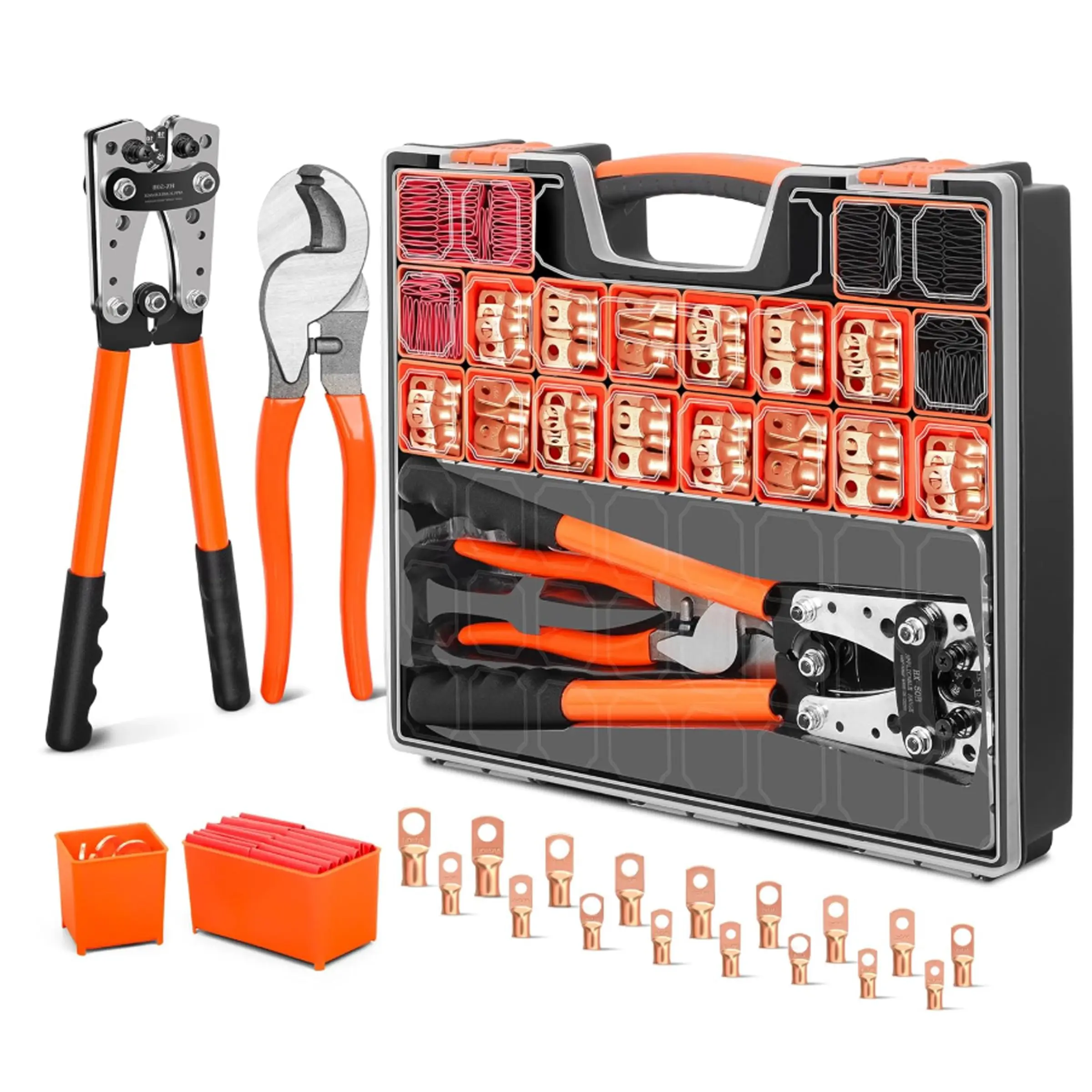 Battery Cable Lug Crimping Tool Kit with Copper Wire Lug AWG 1 2 4 6 8 1/0 Gauge, Wire Crimper for AWG 10-1/0 with Cable Cutter, 110PCS Battery Cable Ends with 110PCS 3:1 Heat Shrink Tubing, Hand Tools