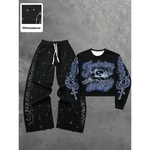 Street style American British Rhinestone straight leg sports pants for men and women+new angel children's pattern printed short sweater setRAIMENTRY