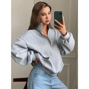 DAZY Women's Solid Color Loose Turndown Collar Zipper Long Sleeve Casual Street Fleece Sweatshirt, Autumn/Winter