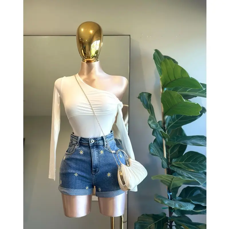 SH-001 Flowers summer Short denim Medium Stretch