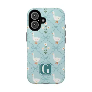 Coastal Goose Monogram Personalized Custom Magnetic Cellphone Case - Shockproof Silicone Wallet with Tracker, Preppy Grandmillennial Leather Wireless Accessories for Beach Protection, Shell for Handheld Devices