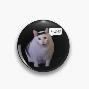 Huh Cat Meme Pin - Adorable White Cat with "Huh?" Speech Bubble for Cat Lovers and Meme Enthusiasts