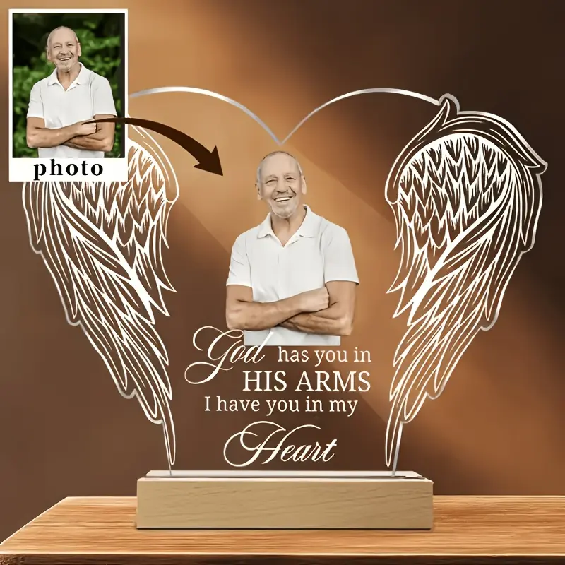 Personalized Custom Angel Wings Photo Acrylic Keepsake - Home Decor Statue, Condolence Gift for Grieving Families, Memorial Souvenir for Deceased Loved Ones Remembrance