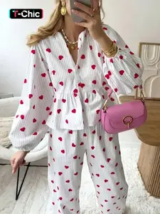 Women's Heart Long Sleeve Casual Set Outfit, 2 Piece Comfortable for All Seasons, Daily Wear Fashion, Perfect for Everyday Use
