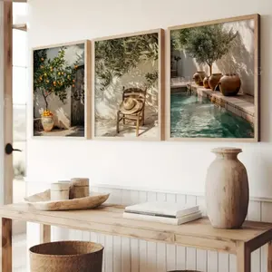 3 Pieces Wooden Frame, Wooden Wall Art, Minimalist Natural Olive Tree Pottery Wall Poster Mediterranean Still Life Canvas Painting Rustic Room Decor Study Office Wall Painting Color Accurate Hanging Painting Poster