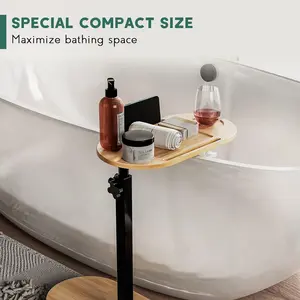Bamboo Bathtub Tray Table with Adjustable Height, Freestanding Bath Caddy Tray for Tub against Wall, Bathtub Side Table for Luxury Bath Home Spa Home warming
