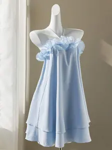 RES Elamini Solid Color Tie Back Ruffle Edge Layer Hem A-Line Mini Dress