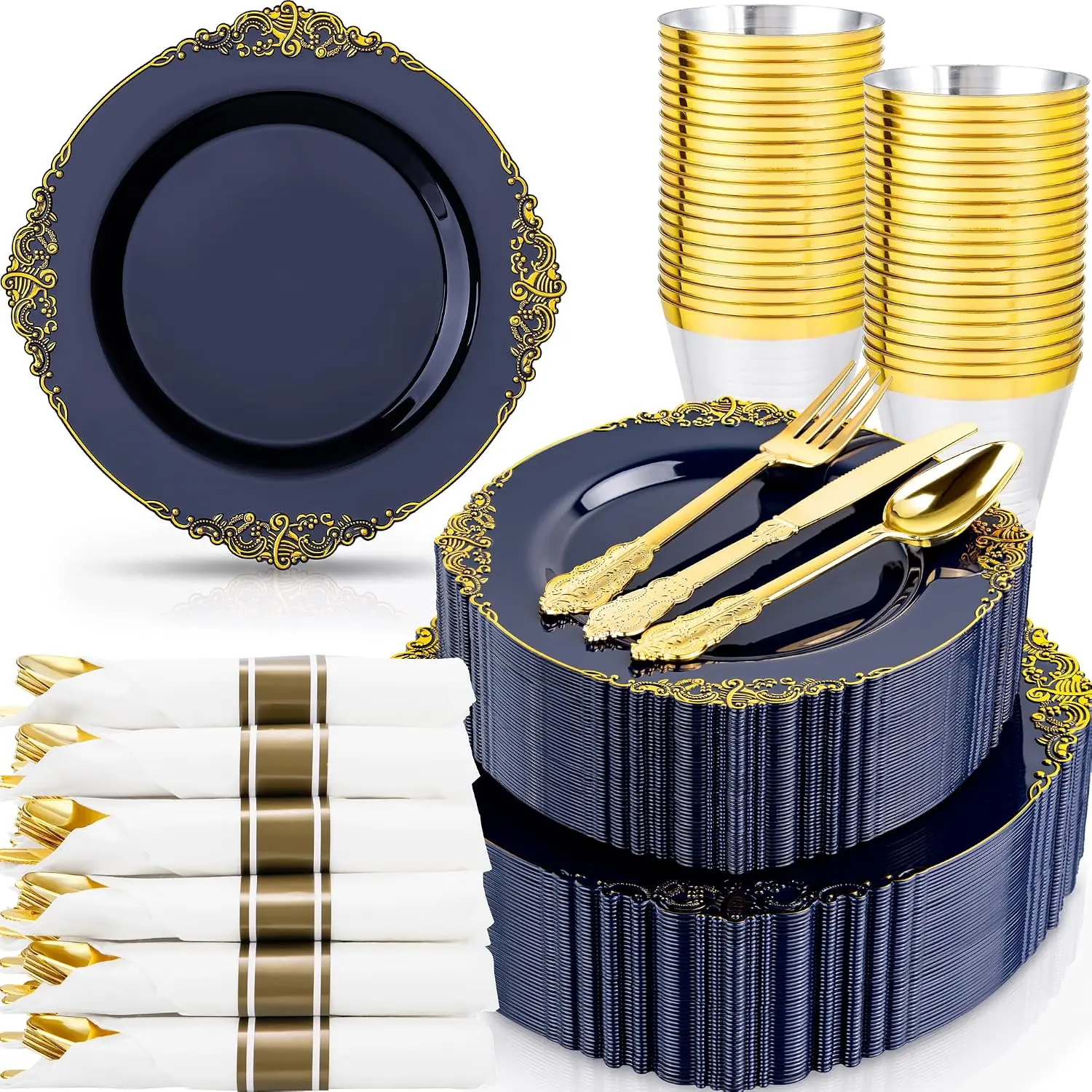 350Pcs Blue Plastic Plates - Blue Gold Plastic Dinnerware Sets for 50 Guests - 100 Navy Gold Disposable Plates, 50 Pre Rolled Silverware, 50 Cups Perfect for Wedding & Party & Memorial Day