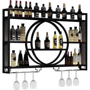 Modern Wine Storage Rack Wall Mounted With LED Light With Wine Glass Holder,Iron Bar Liquor Shelf,Floating Wall Wine Shelves,Bar Liquor Bottle Display Shelf For Kitchen Bar Decoration Gold/Black ( Col
