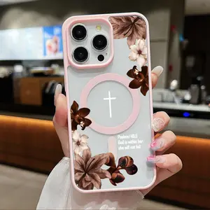 Vintage Floral Aesthetics Clear Magnetic Phone Case , Compatible with MagSafe Silicone Bumper Protective Cover For iPhone X XS 11 12 13 14 15 16 17 Pro Max Plus Air Christian Psalms 46:5 Cross