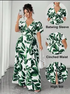 Plus Size Leaf Print Long Dress, Deep V Neck Short Sleeve High Waist Split Hem, Elegant A-Line Women's Dress for Parties and Weddings