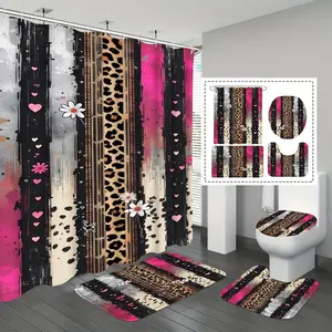 1/3/4pc Striped Leopard Print Bath Curtain Set, Waterproof Anti-Mold, Modern Bathroom Supplies, Wall Mounted Straight Shower Rod, Shower Curtain Sets, Modern Bathroom Decor