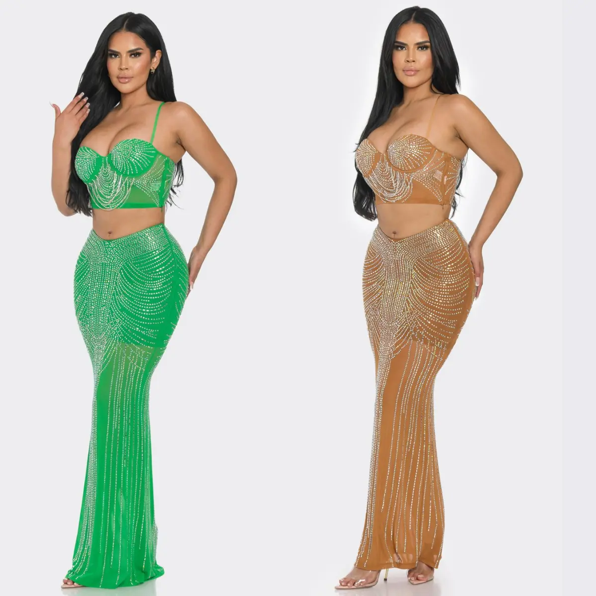 Rhinestone Two-Piece Skirt Set – Crystal Embellished Crop Top & Maxi Skirt | Glam Evening Outfit