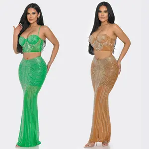 Rhinestone Two-Piece Skirt Set – Crystal Embellished Crop Top & Maxi Skirt | Glam Evening Outfit
