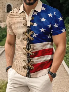 Men's Retro American Flag Shirt, Patriotic Print Design, Independence Day Colors, Breathable Short-Sleeved Top, Fitted Style, Casual Fashion, Spring & Fall