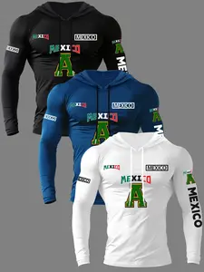 Men's 3-Piece Eagle Letter Print Hooded Long Sleeve T-Shirt Set, Graphic Hoodies, Hoodie Letter Logo, Casual Outdoor Spring Fall Wear, 3-Pack