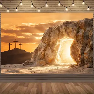 2D Flat Remote Controlled Holy Light Jesus Tomb Resurrection Backdrop, Self Lit Crosses Cave of Calvary Polyester Reusable Photo Booth Indoor Outdoor Church Wall Decor for Easter Christmas Wedding Celebration, Party Banner
