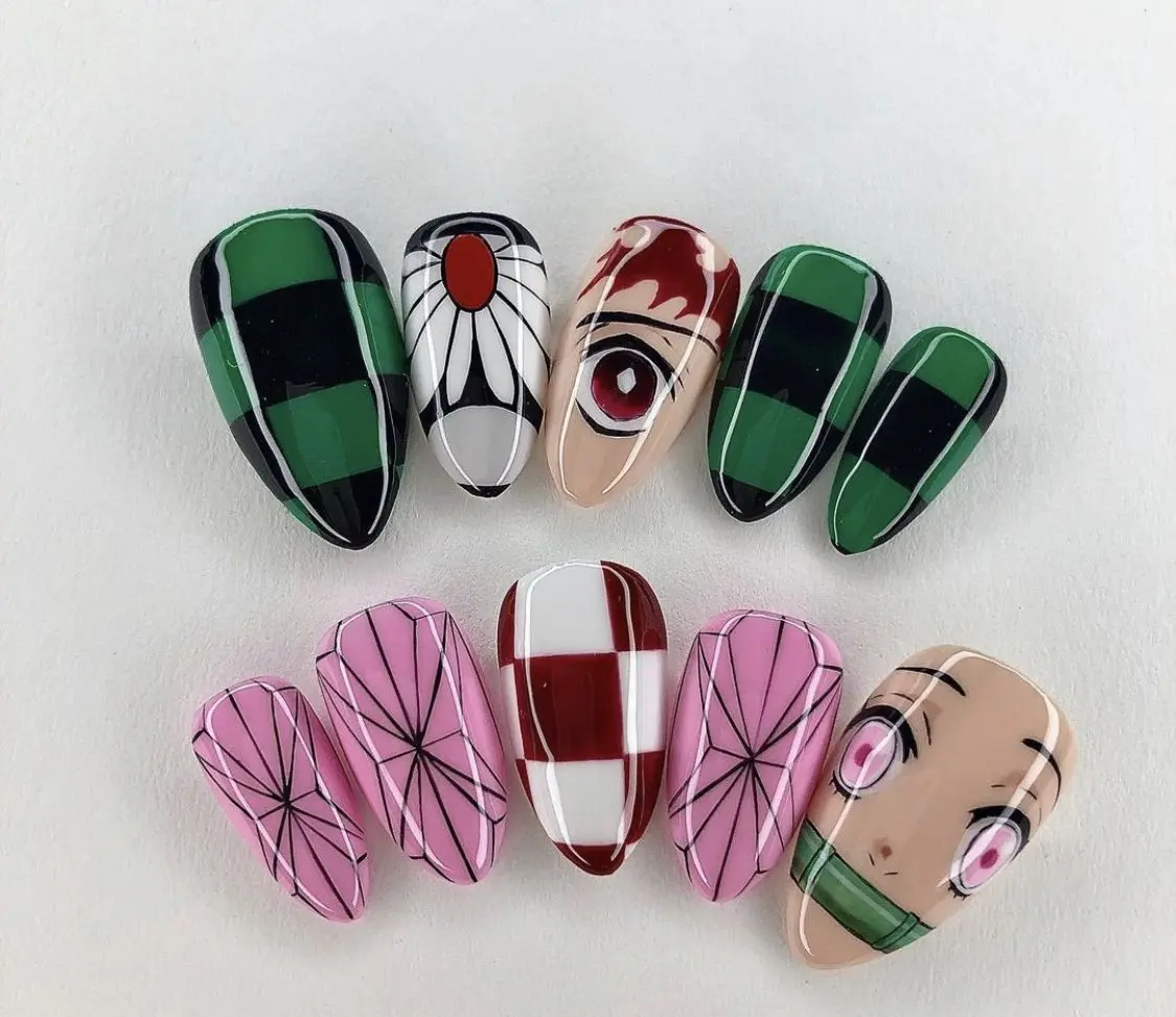 Ademonth Islayeror Etanjiron Anezukor Press On Nails | Kamado Anime 3D Haori Pattern Custom Nail Art Set| FREE Adhesive Tabs  Nail File Cuticle Stick