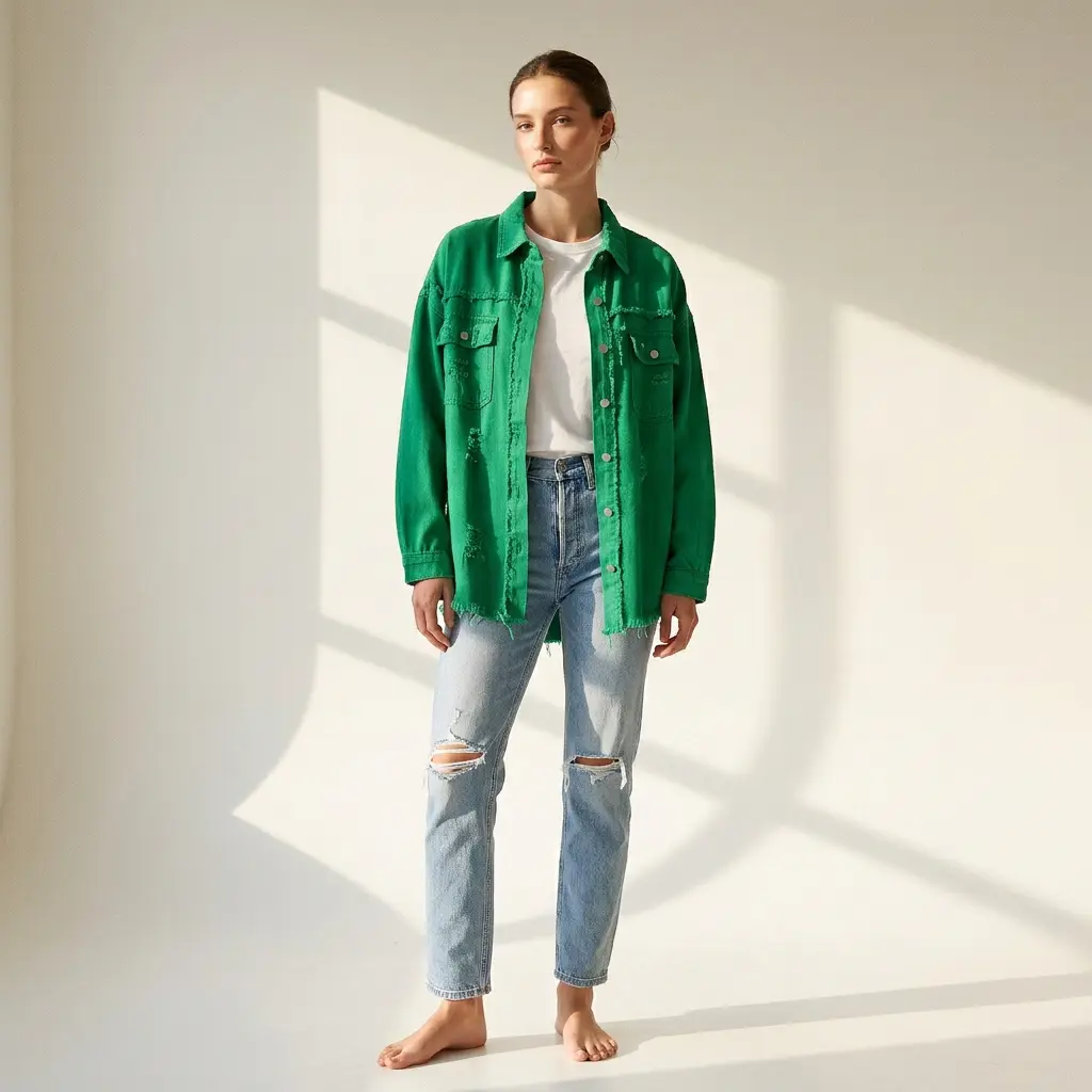 Women's Aesthetic Distressed Long-Sleeve Denim Jacket with Frayed Hem, Fringe, Pockets - Casual Streetwear Tops Outerwear for Womenswear