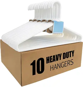 High quality white hanger set of 10 pieces - Extra heavy plastic hanger set of multiple pieces -43.18 cm thick strong standard wardrobe clothing hanger with hooks for scarves and belt hangers