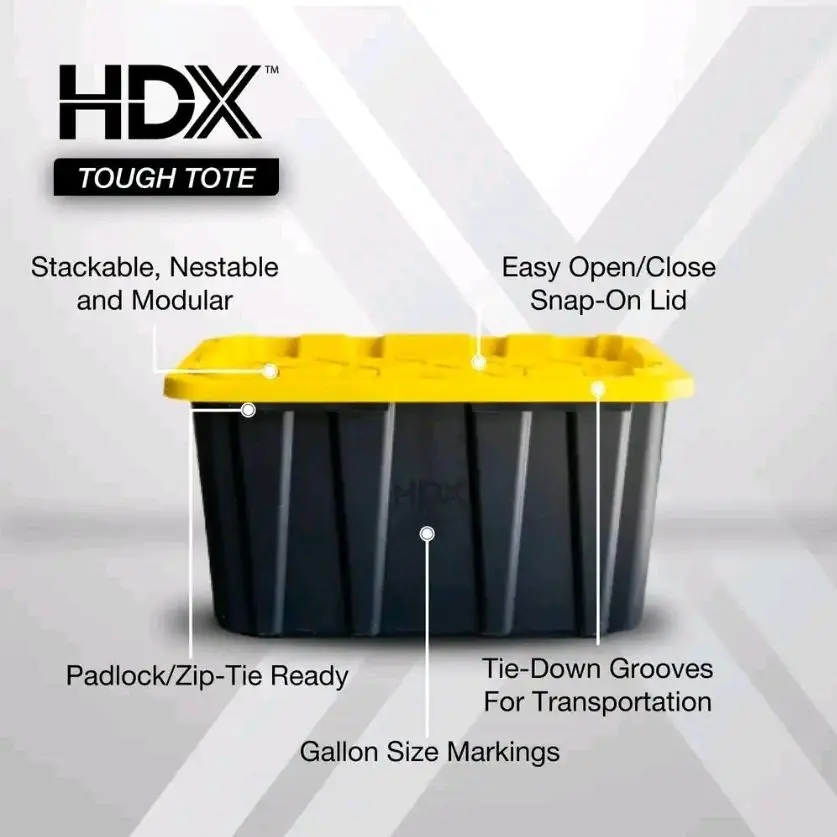 HDX Tough Storage Tote 6.5-Qt in Black with Yellow Lid Stackable Nestable Modular Easy Open Close Snap On Lid Padlock Zip Tie Ready Tie Down Grooves