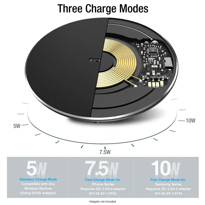 TOZO-W3 Wireless Charger, 10W Qi-Certified Fast Charging Pad with Aviation Aluminum Computer Numerical Control Technology Compatible with iPhone 16 15 4Series, Samsung Galaxy Series NO AC Adapter Smartphone FathersDayGift Durable Black Cellphone