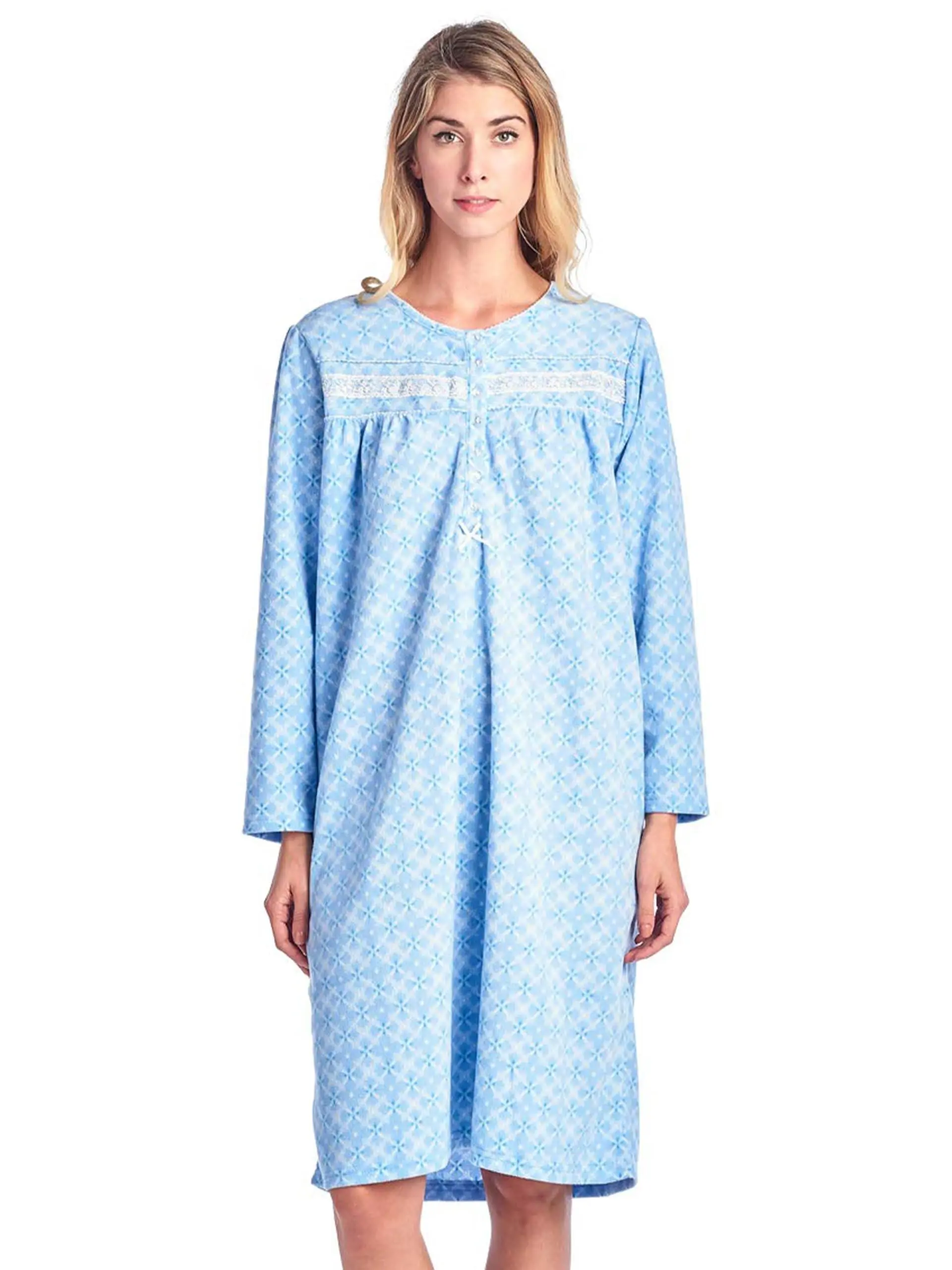 Casual Nights - Cozy Fleece Long Sleeve Nightgowns for Women | Floral Print & Lace | Warm Sleepwear & Lounging | Soft Microfleece, Crew Neck, Button Closure