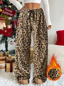 Unisex Leopard Print Flannel Pajama Pants, Straight Leg Design with Convenient Pockets, Soft and Comfortable Sleepwear for All-Day Wear