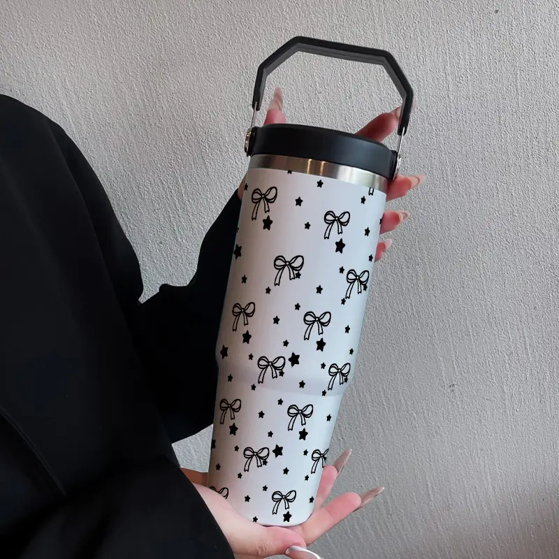 30oz Portable Insulated Cup Thermal Flask Vacuum Insulated Hydration Tumbler for Cold Drinks, Butterfly Pattern with Straw, 304 Stainless Steel Double Layer Design for Outdoor Sports, Insulated Drinkware