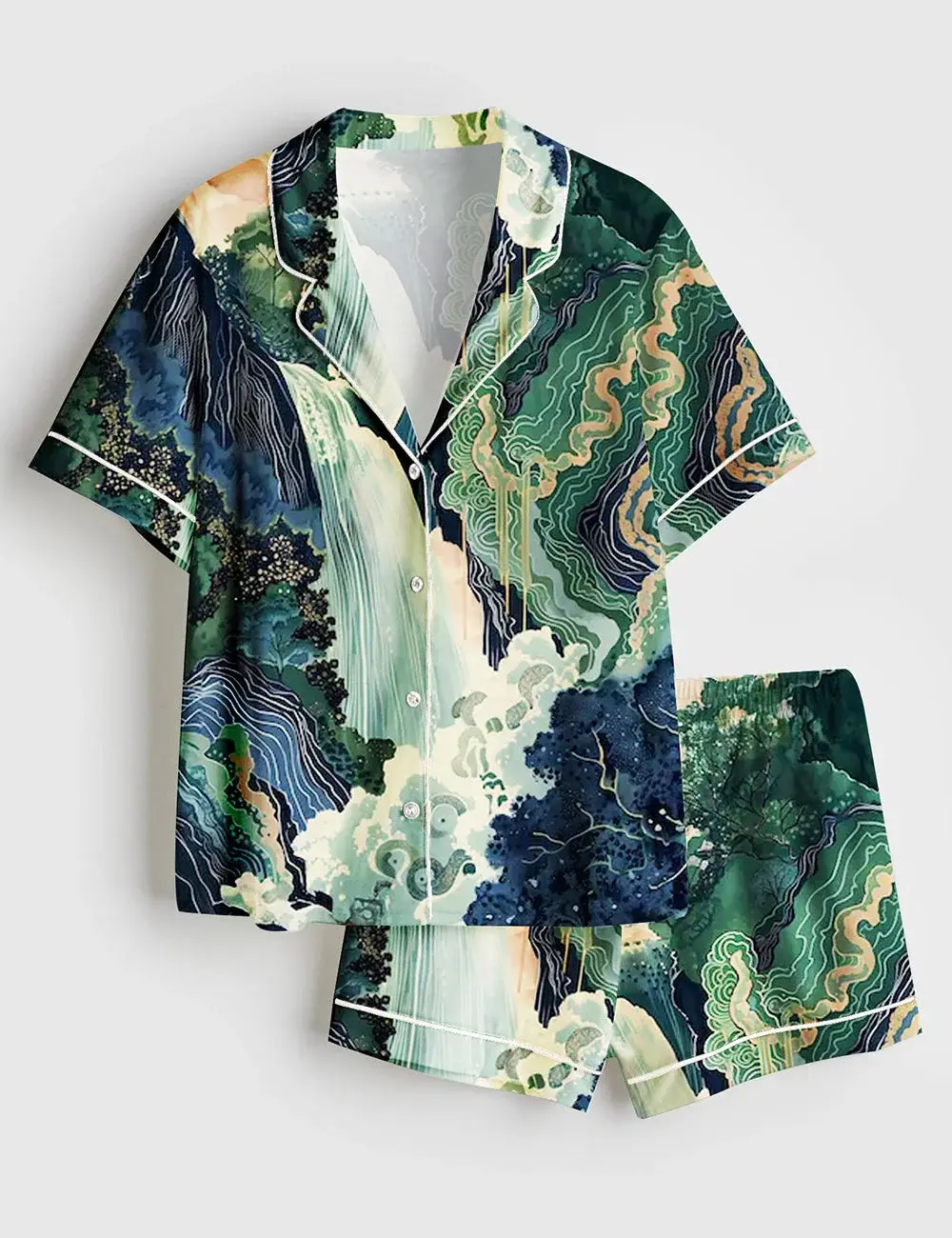 Women's Hokusai Ukiyo-e Japanese Waterfall Short Sleeve Satin Pajama Set, Pajama Gifts for Her, Shorts & Pants | Custom Gift for Her | Bridesmaid Pajamas | Custom Jersey PJS