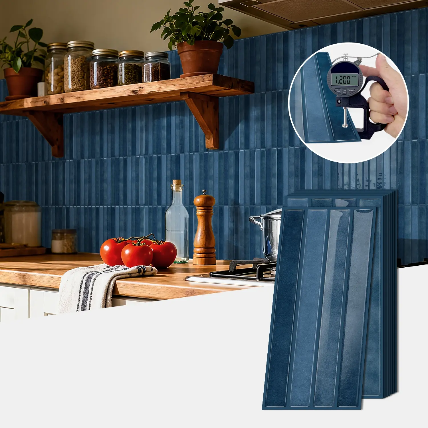 10PCS ETP Epoxy 3D Self-Adhesive Deep Sea Blue Vertical Stripes Imitation Tile Stickers, Kitchen Oil-Proof Wall Decor, Bathroom Peel And Stick Wallpaper, Waterproof & Moisture-Proof Removable Wallpaper for Bedroom, Kitchen, Bathroom